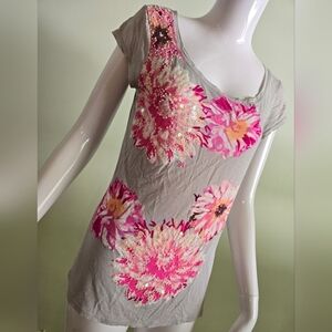 🌈INC International Concepts 100% Rayon Sequinned Beaded Floral Short Sleeve Med